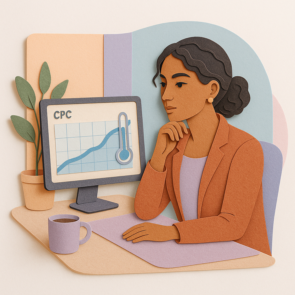 Mulher analisando gráfico de CPC em ambiente calmo, representando análise estratégica no Google Ads