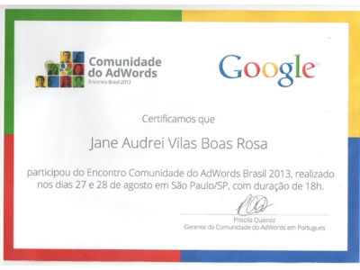 Certificado do 1º Evento de Google Adwords de Jane Audrei