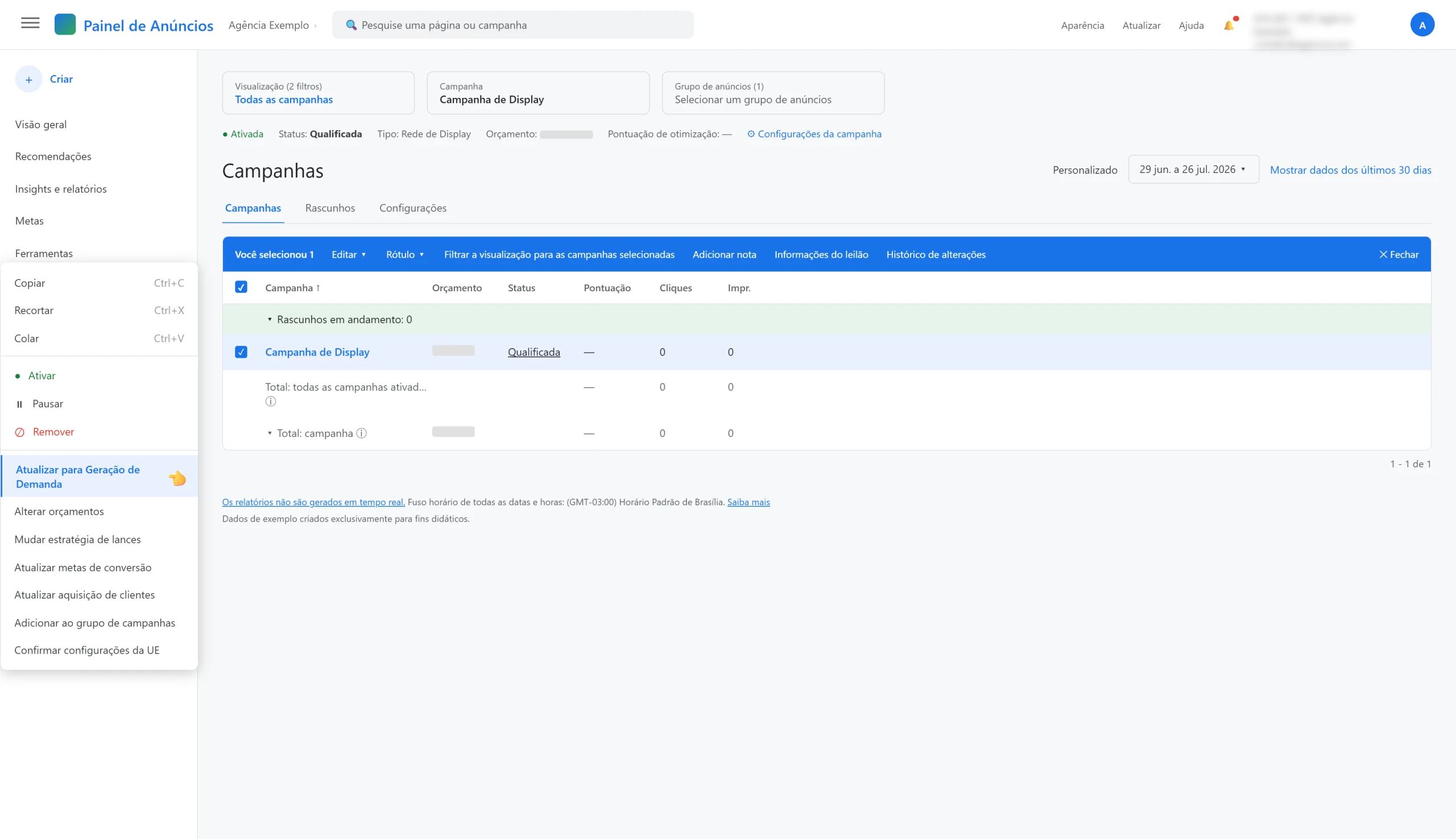 Clique em Editar para abrir o menu na lateral esquerda e clique em "Atualizar para Geração de Demanda".