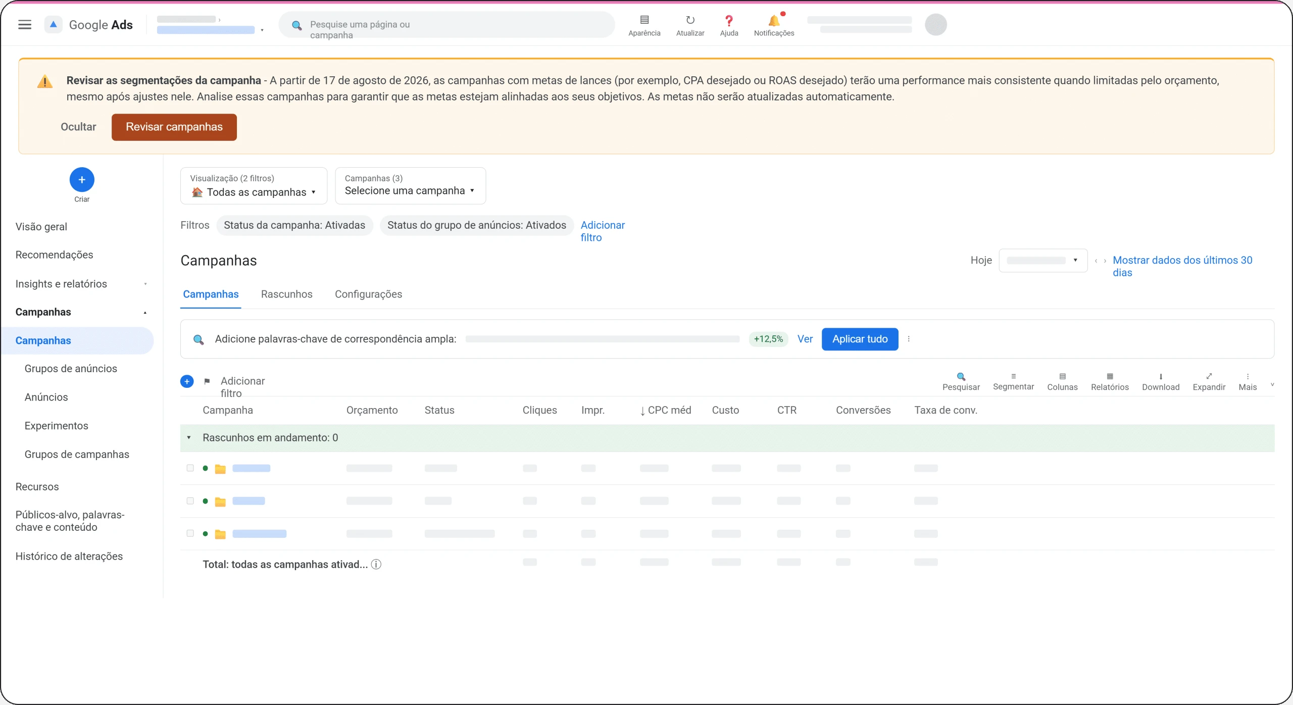 Notificação no Google Ads sobre revisar campanhas