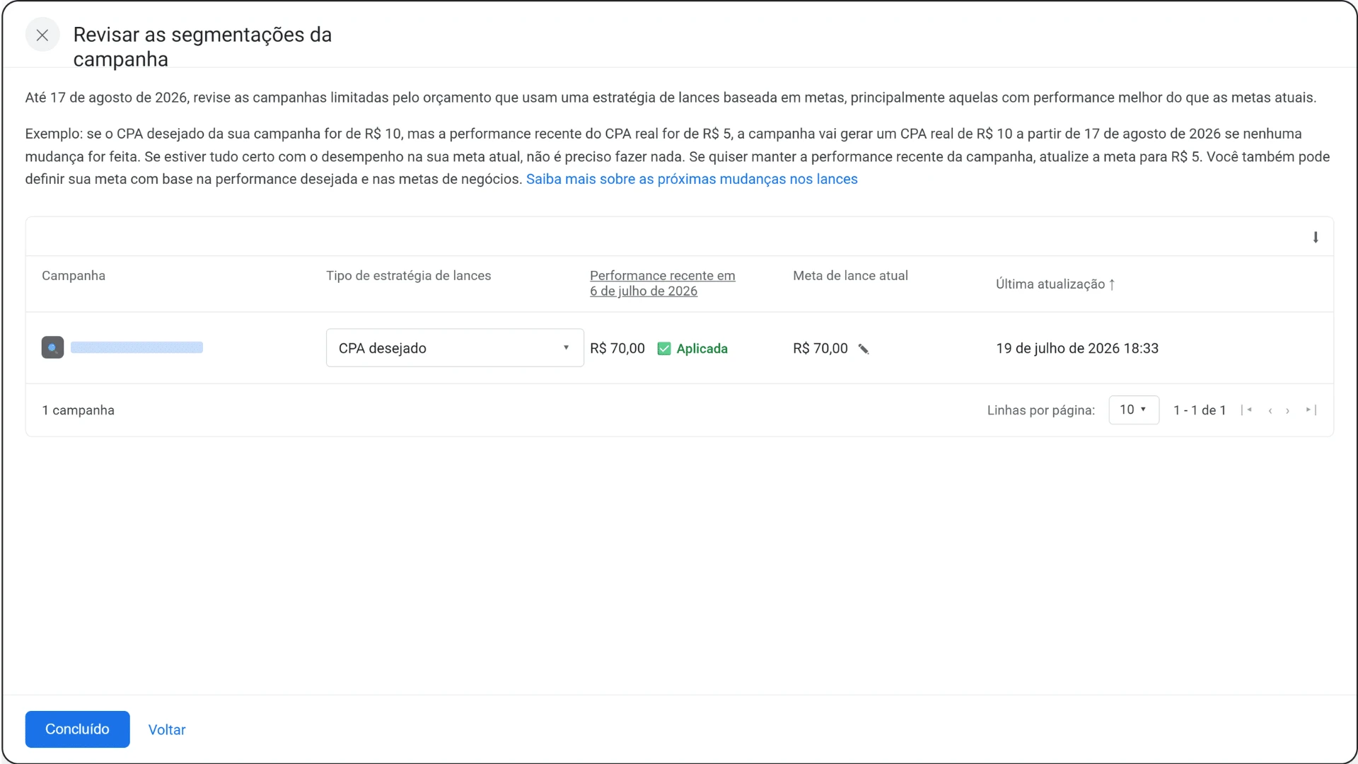Edição da meta de lance de CPA desejado